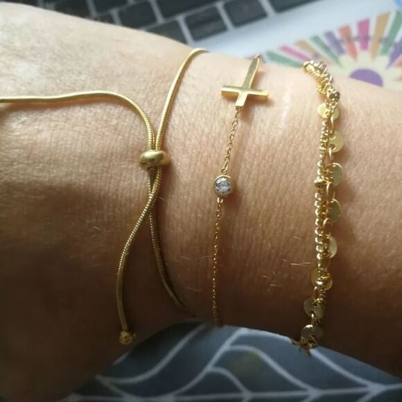 Gold Sideways Cross Bracelet Cubic Zirconia Charm - Picture 5 of 11